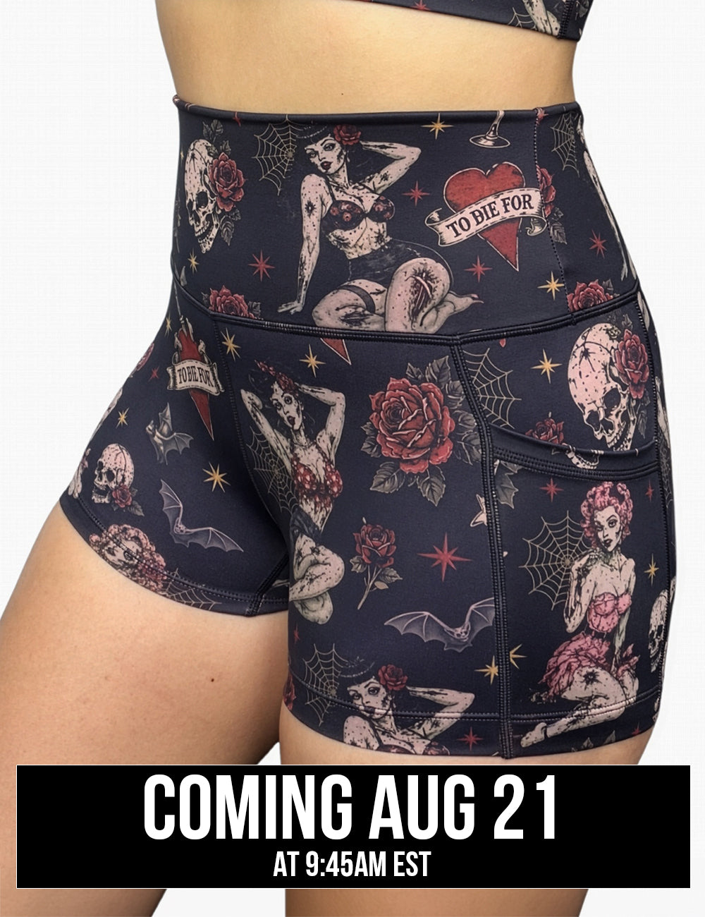 front of the zombie girls with pin up hair and traditional tattoo designs 2.5 inch shorts coming august 21st