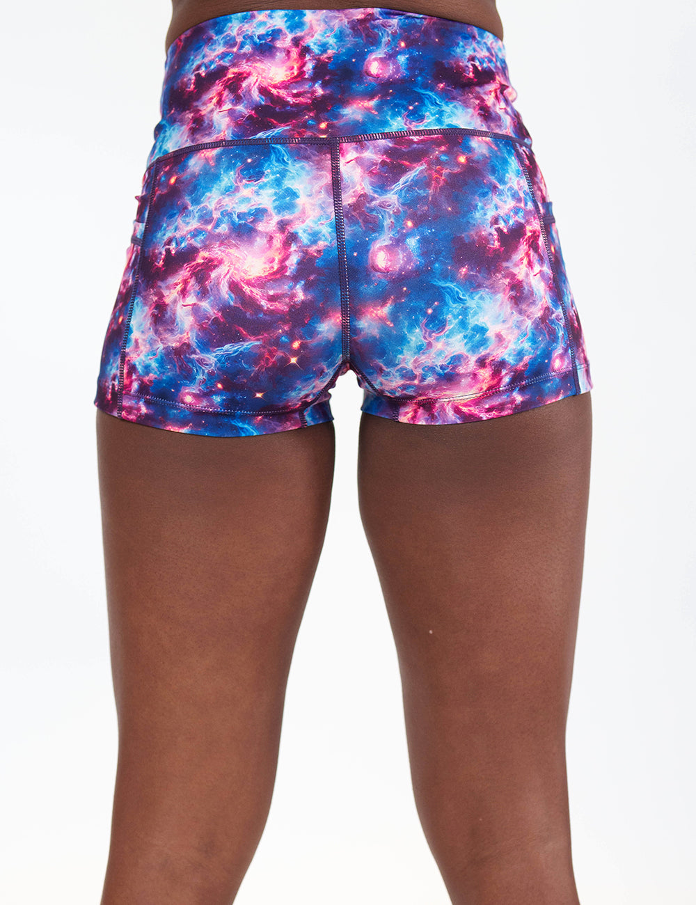 back of the 2.5 inch galaxy patterned shorts against a white background