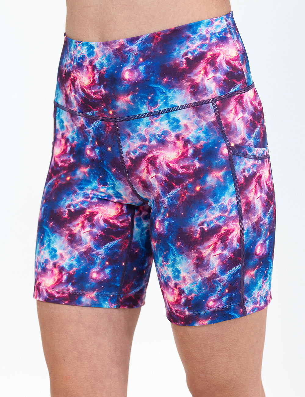 front of the 7 inch galaxy patterned shorts against a white background