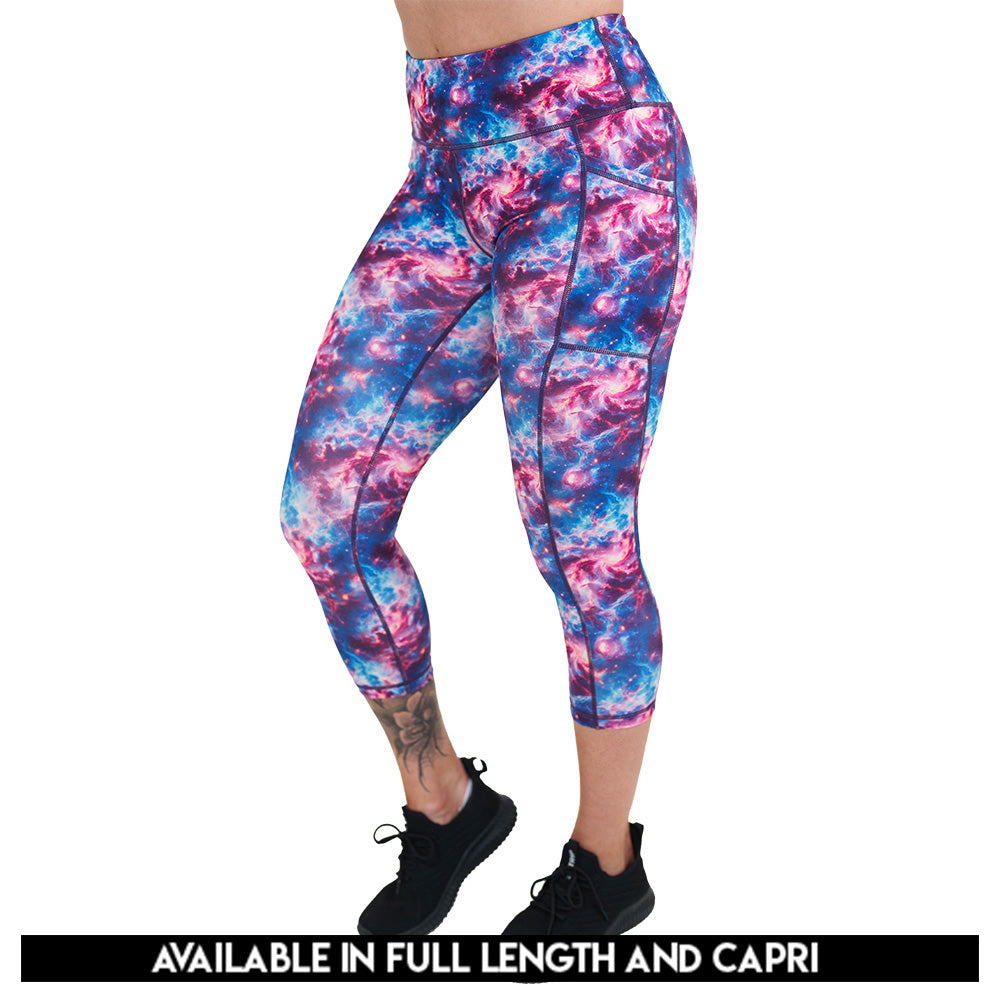 galaxy patterned leggings available in capri and full length
