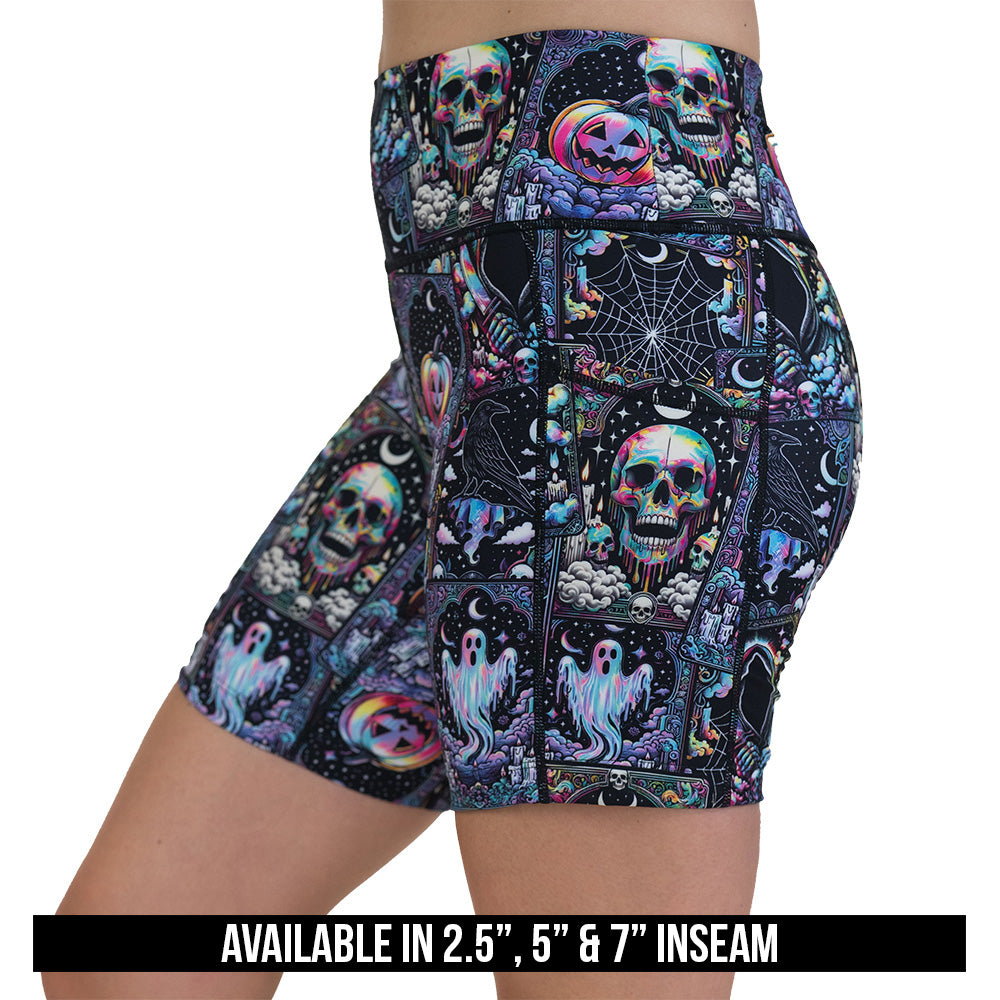 Colorful skull and ghost patterned shorts available inseams
