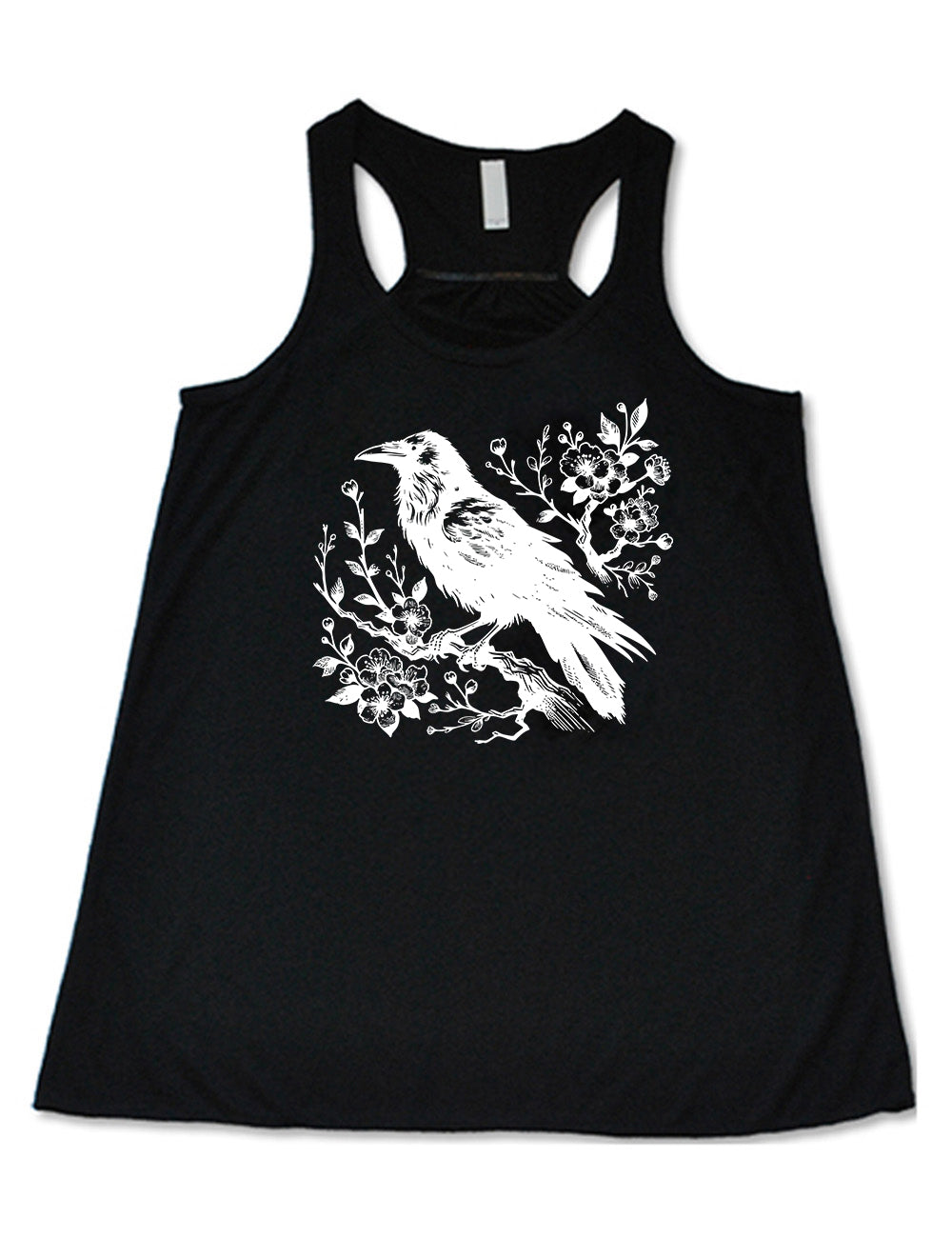 Black colored flowy tank with crow on flowery branch graphic on it