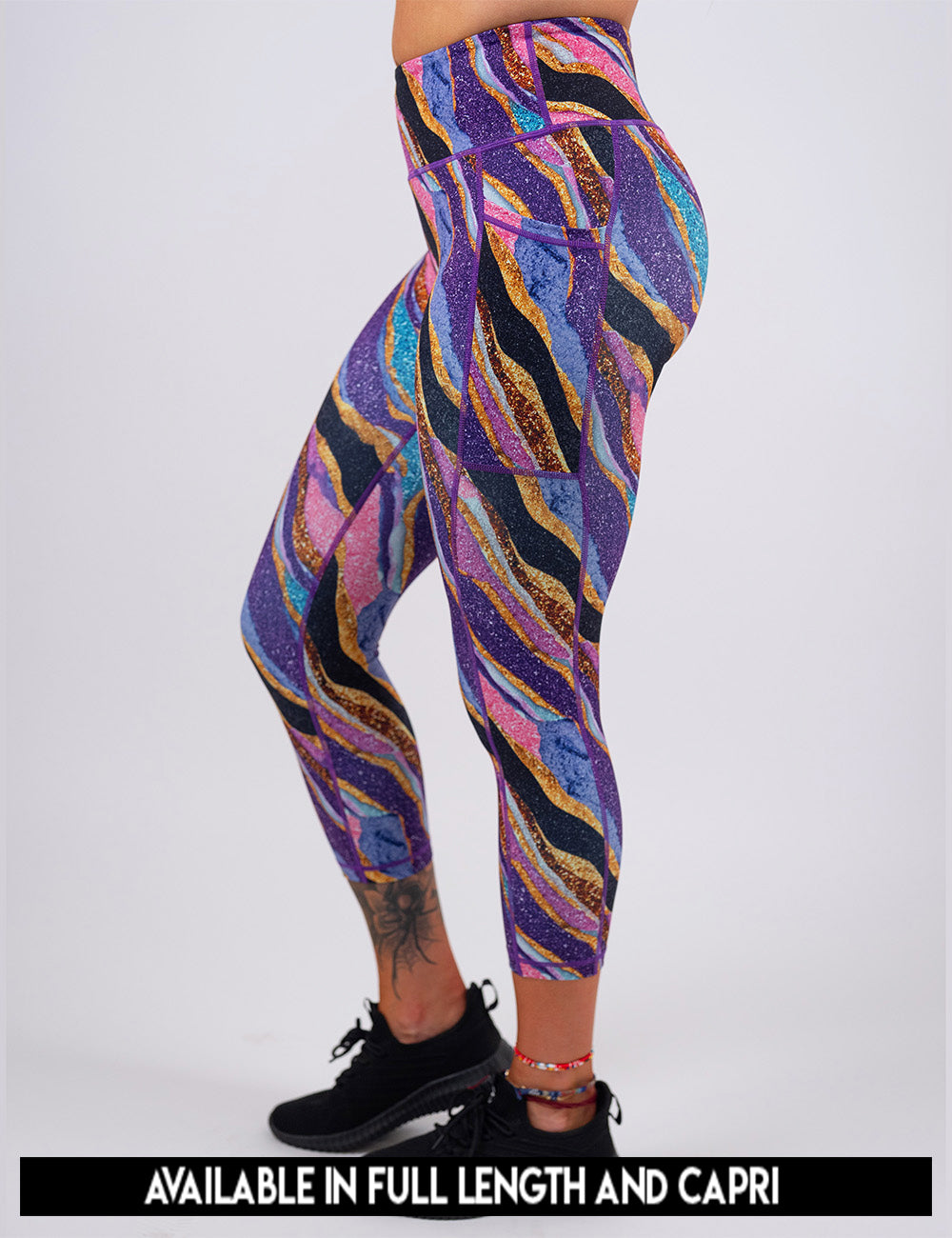 available lengths for the purple, gold, black, blue, and pink abstract stripes leggings, lengths include full length and capri