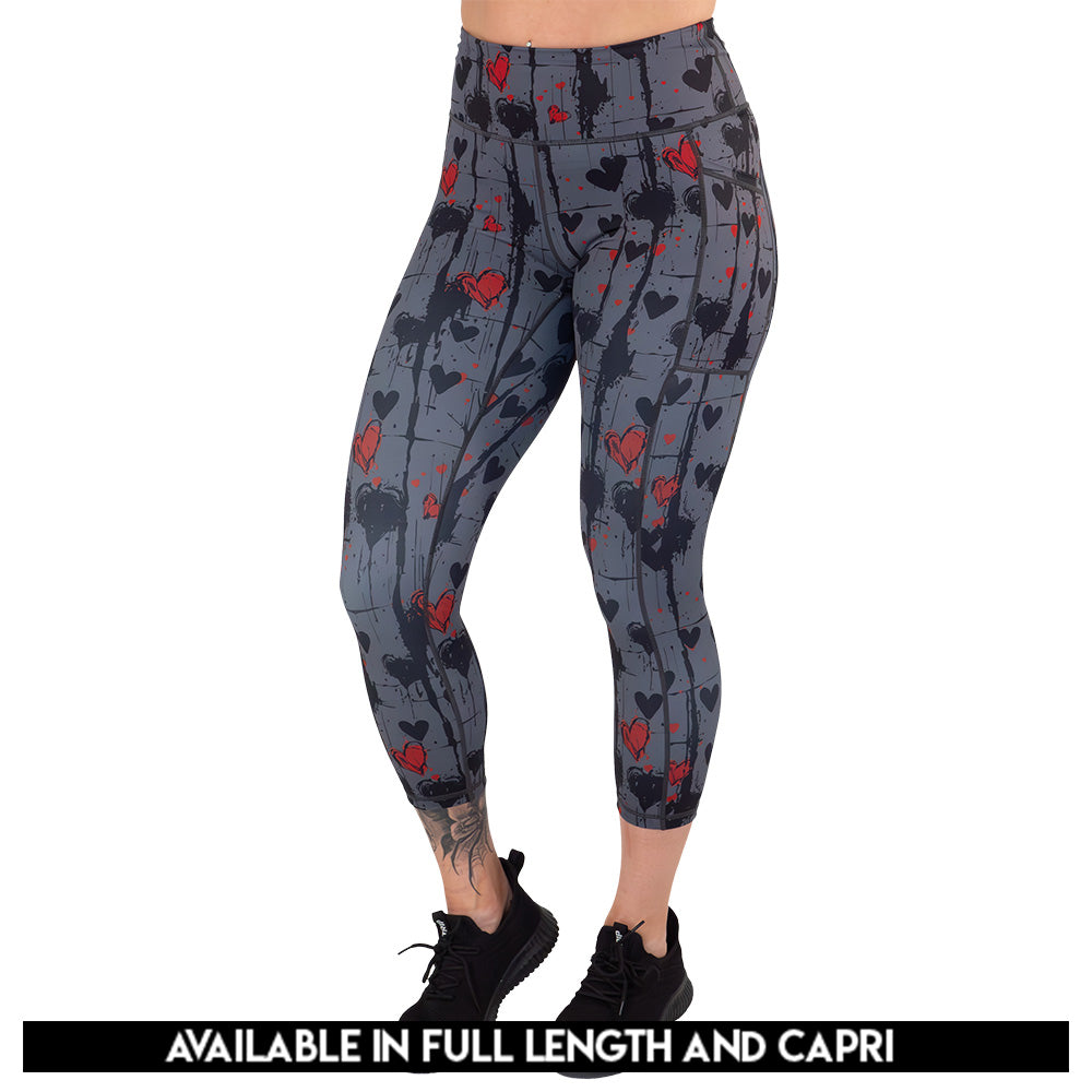 black and red heart patterned leggings available in capri and full length