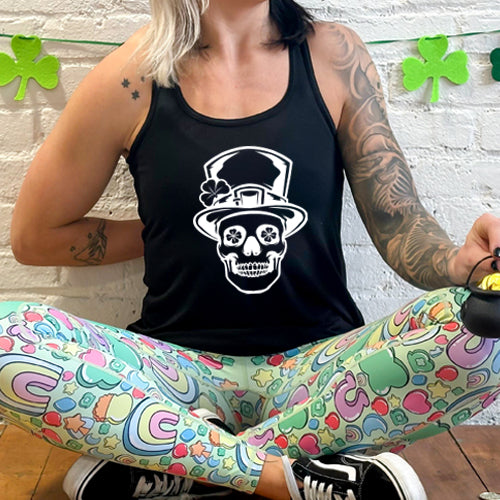 black racerback tank top with a white leprechaun skull graphic