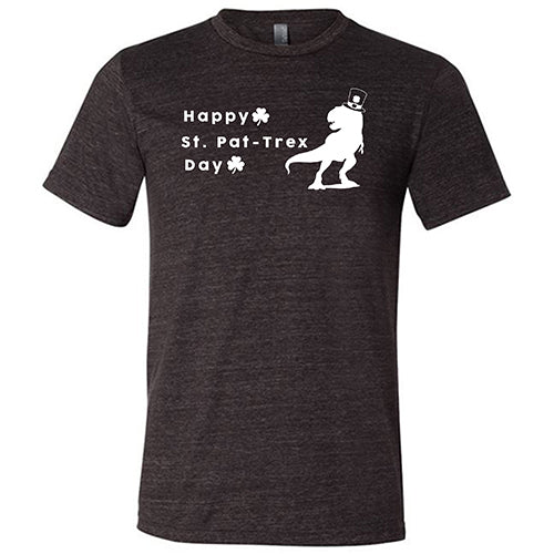 black unisex shirt that has a dinosaur and clover graphic on it