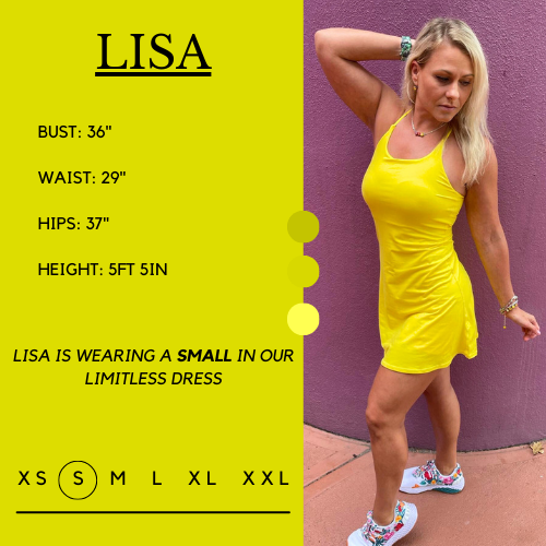 Graphic showing the measurements of a model and what size she wears for the dress. Her bust is 36 inches, waist is 29 inches, hips are 37 inches, and height is 5 foot and 5 inches. She wears a small in the dress
