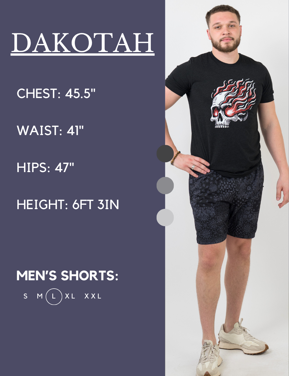 Model’s measurements of 45.5” chest, 41” waist, 47” hips and height of 6 ft 3 inches. He is wearing a size large in our men's shorts