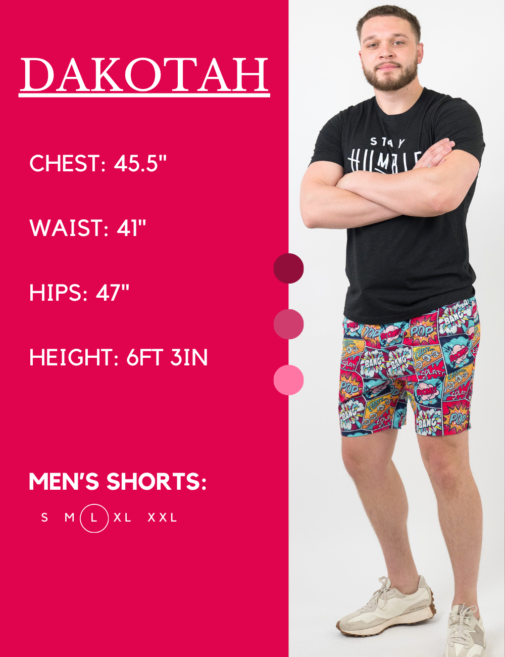 Model’s measurements of 45.5” chest, 41” waist, 47” hips and height of 6 ft 3 inches. He is wearing a size large in our men's shorts