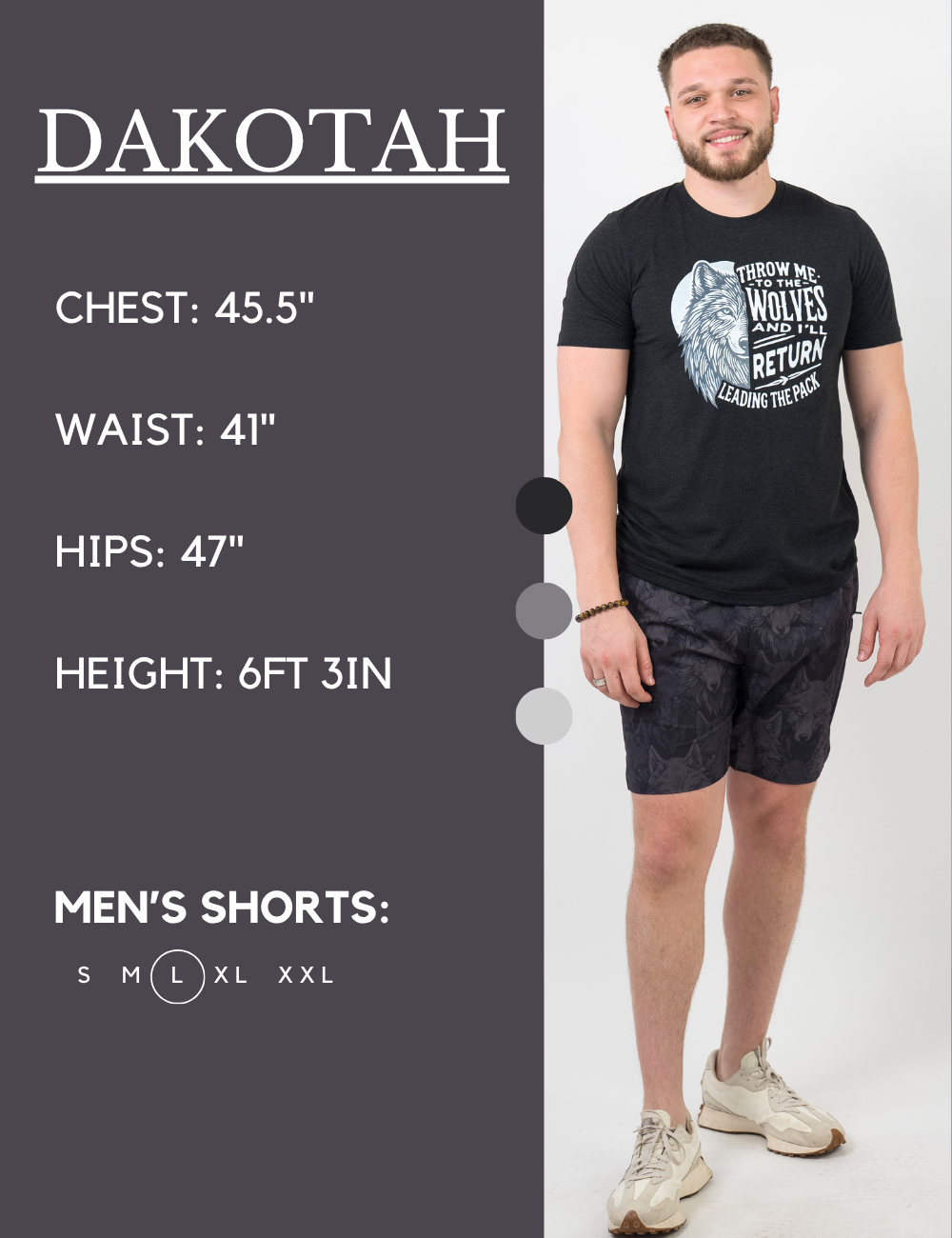 Model’s measurements of 45.5” chest, 41” waist, 47” hips and height of 6 ft 3 inches. He is wearing a size large in our men's shorts