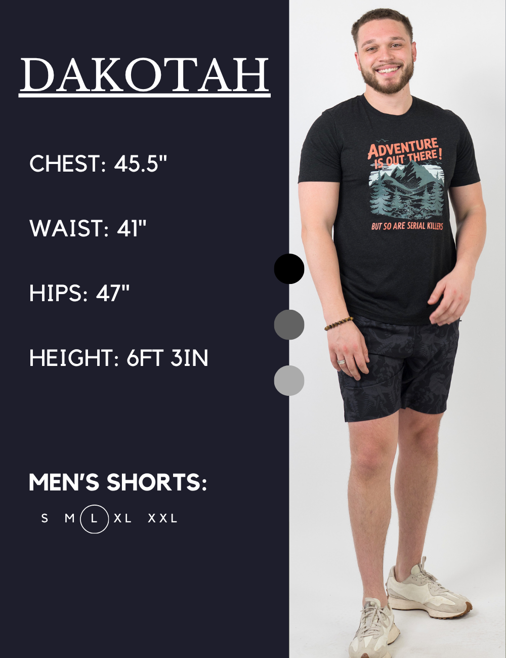 Model’s measurements of 45.5” chest, 41” waist, 47” hips and height of 6 ft 3 inches. He is wearing a size large in our men's shorts