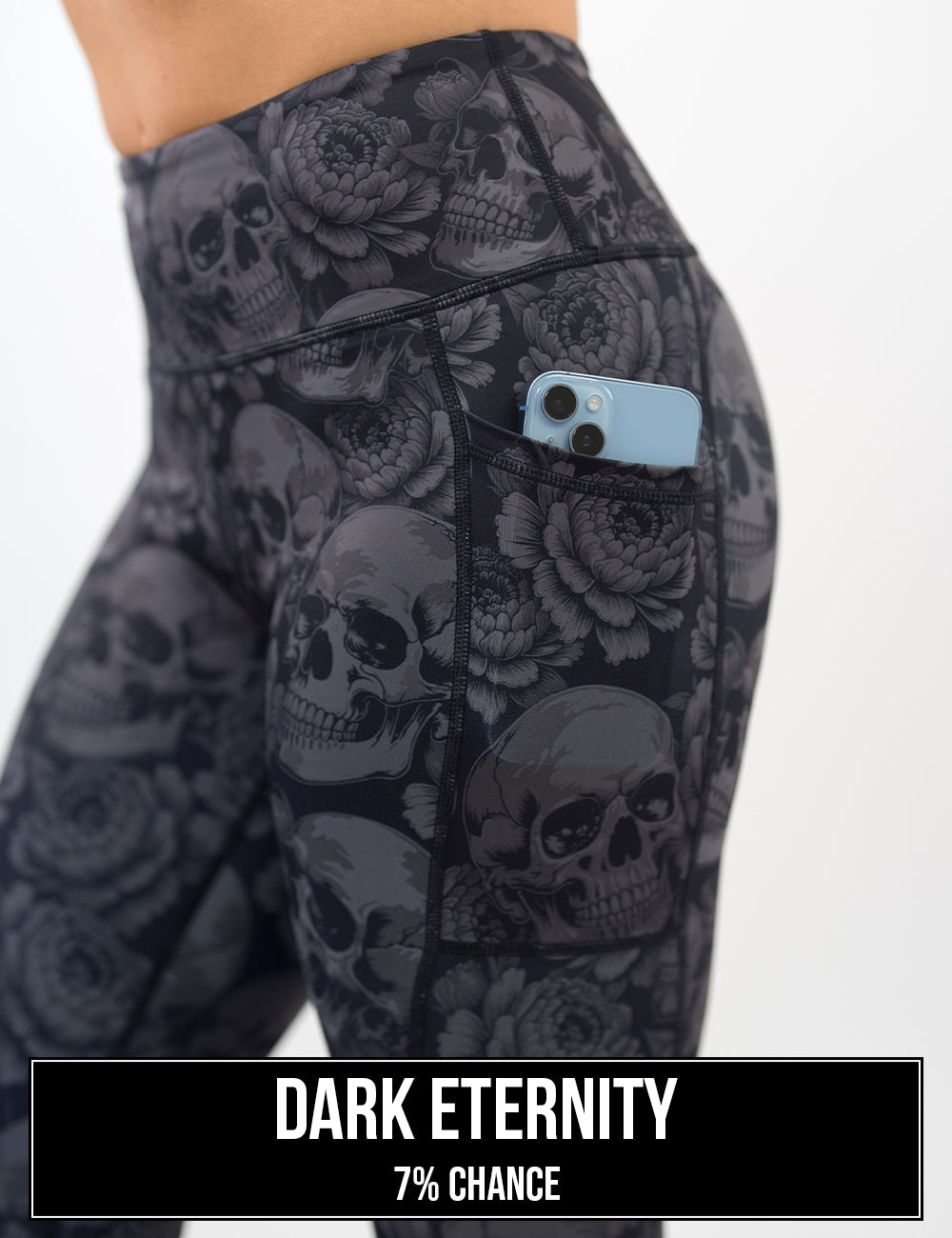 side view of the dark grey skulls and flowers with a phone in its pocket, the name of this print is dark eternity and it has a 7% chance of being unboxed
