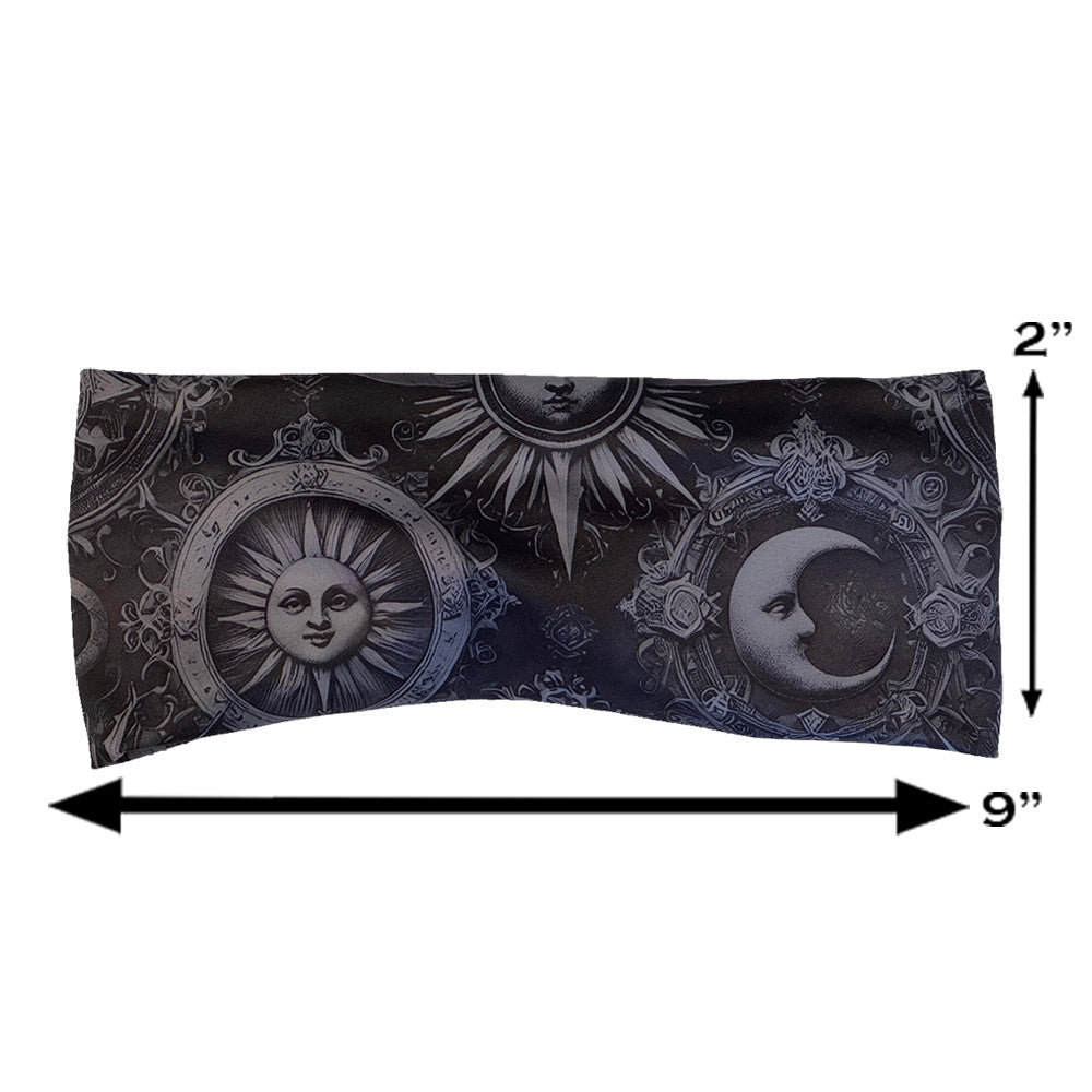 moon & stars print headband measured at 2 by 9 inches