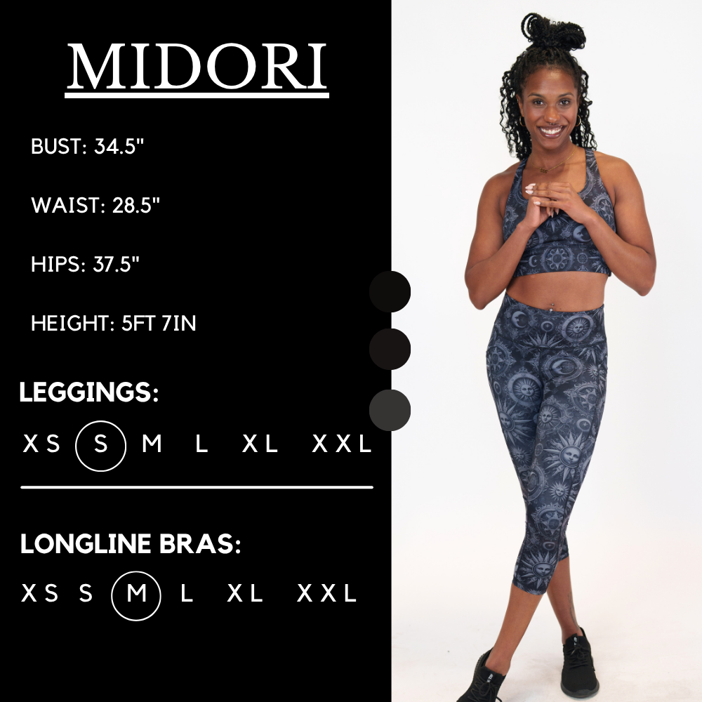 Model’s measurements of 34.5” bust, 28.5” waist, 37.5” hips and height of 5 ft 7 inches. She is wearing a size small in our leggings