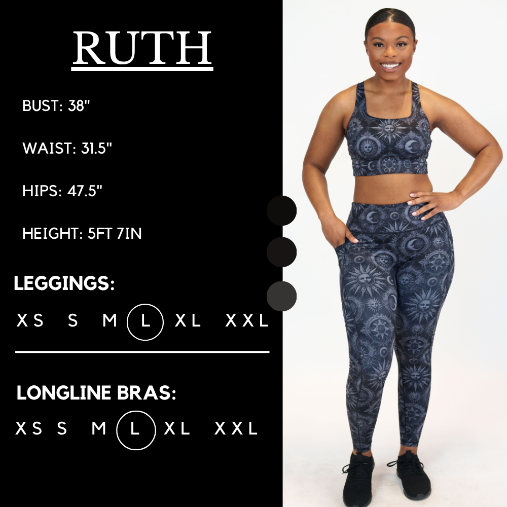 Model’s measurements of 37.5” bust, 31.5” waist, 47.5” hips and height of 5 ft 7 inches. She is wearing a size extra large in our leggings