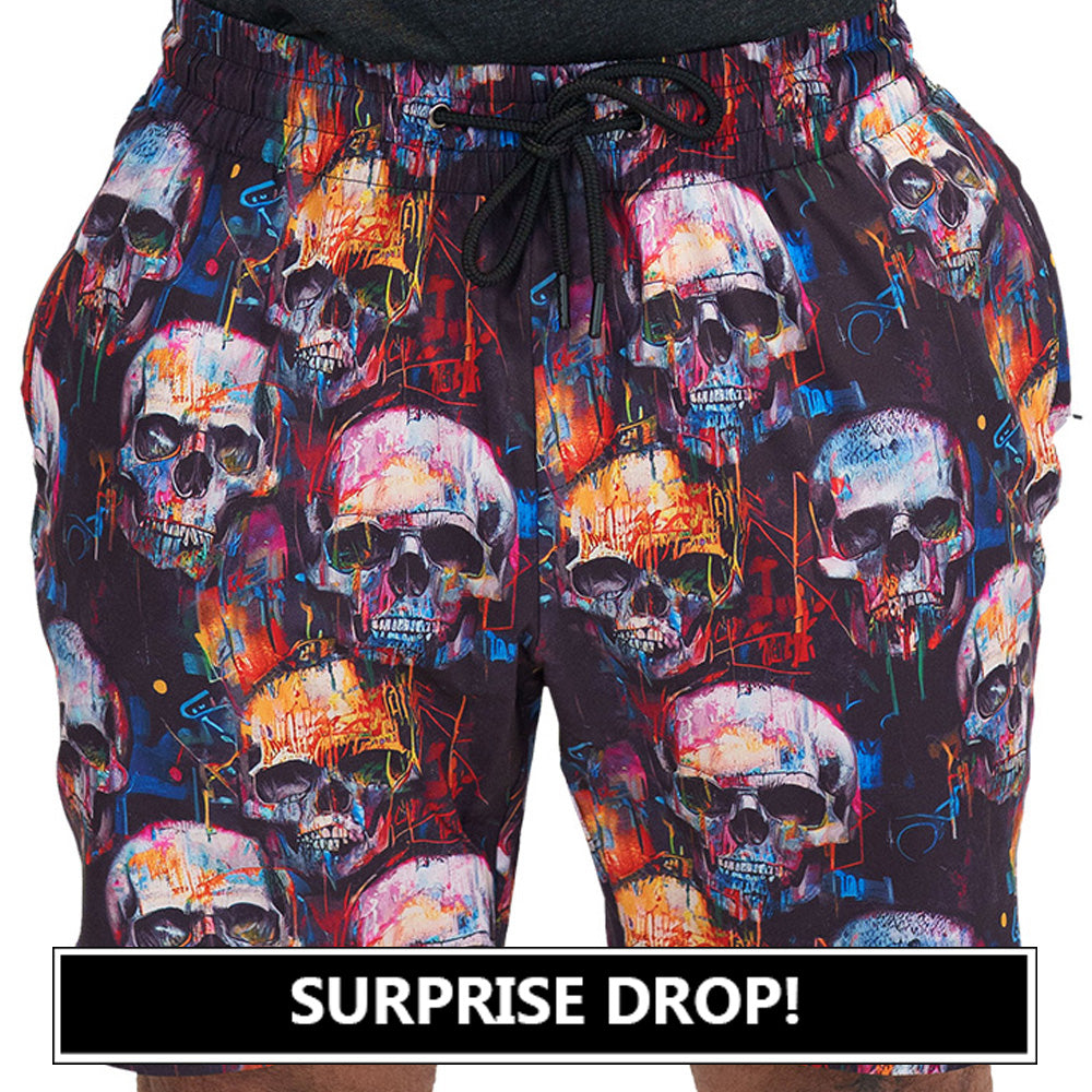 paint splatter and skull print men's shorts