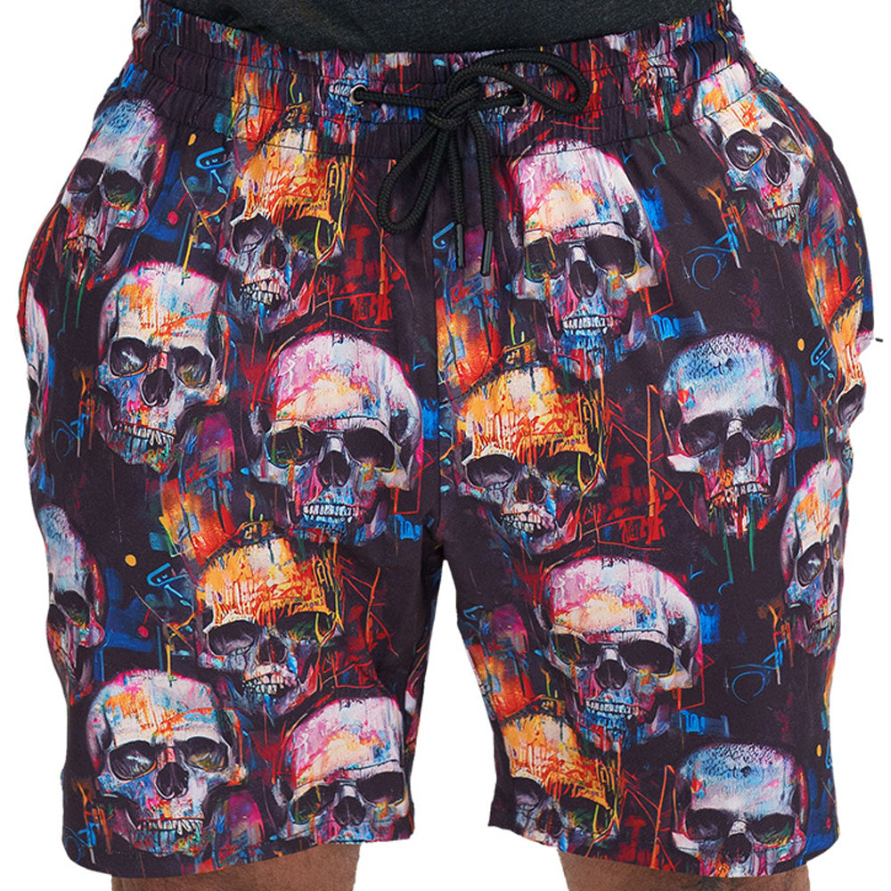 paint splatter and skull print men's shorts