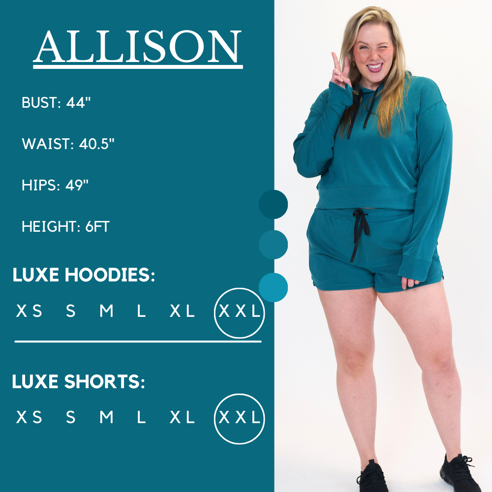 Model’s measurements of 44” bust, 40.5” waist, 49” hips and height of 6ft. She is wearing a size xxl in our luxe shorts