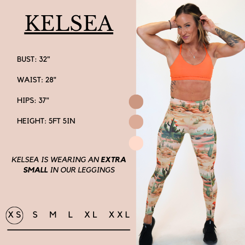 Model’s measurements of 32” bust, 28” waist, 37” hips and height of 5 ft 5 inches. She is wearing a size extra small in our leggings
