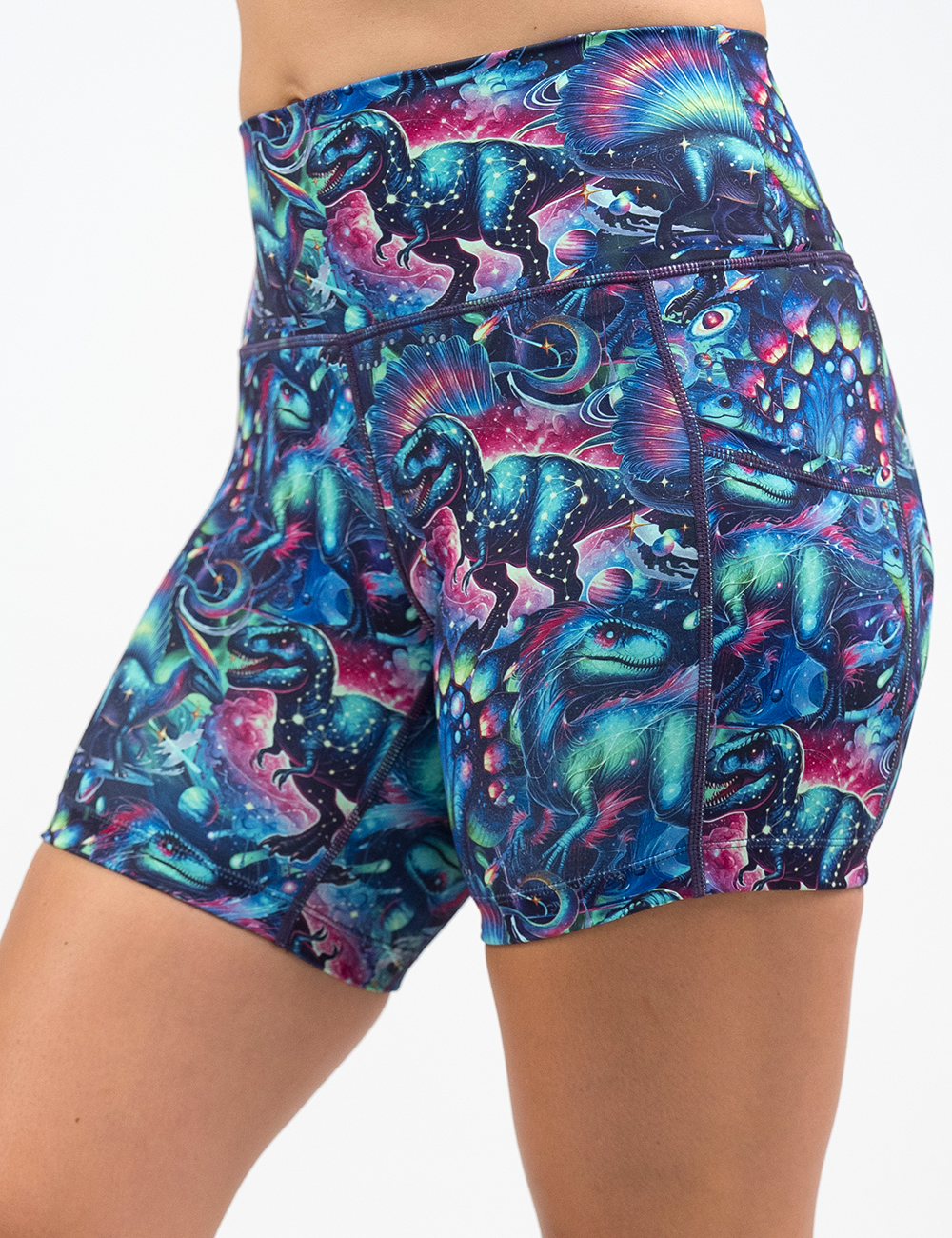 front of the 5 inch colorful dinosaur shorts against a white background