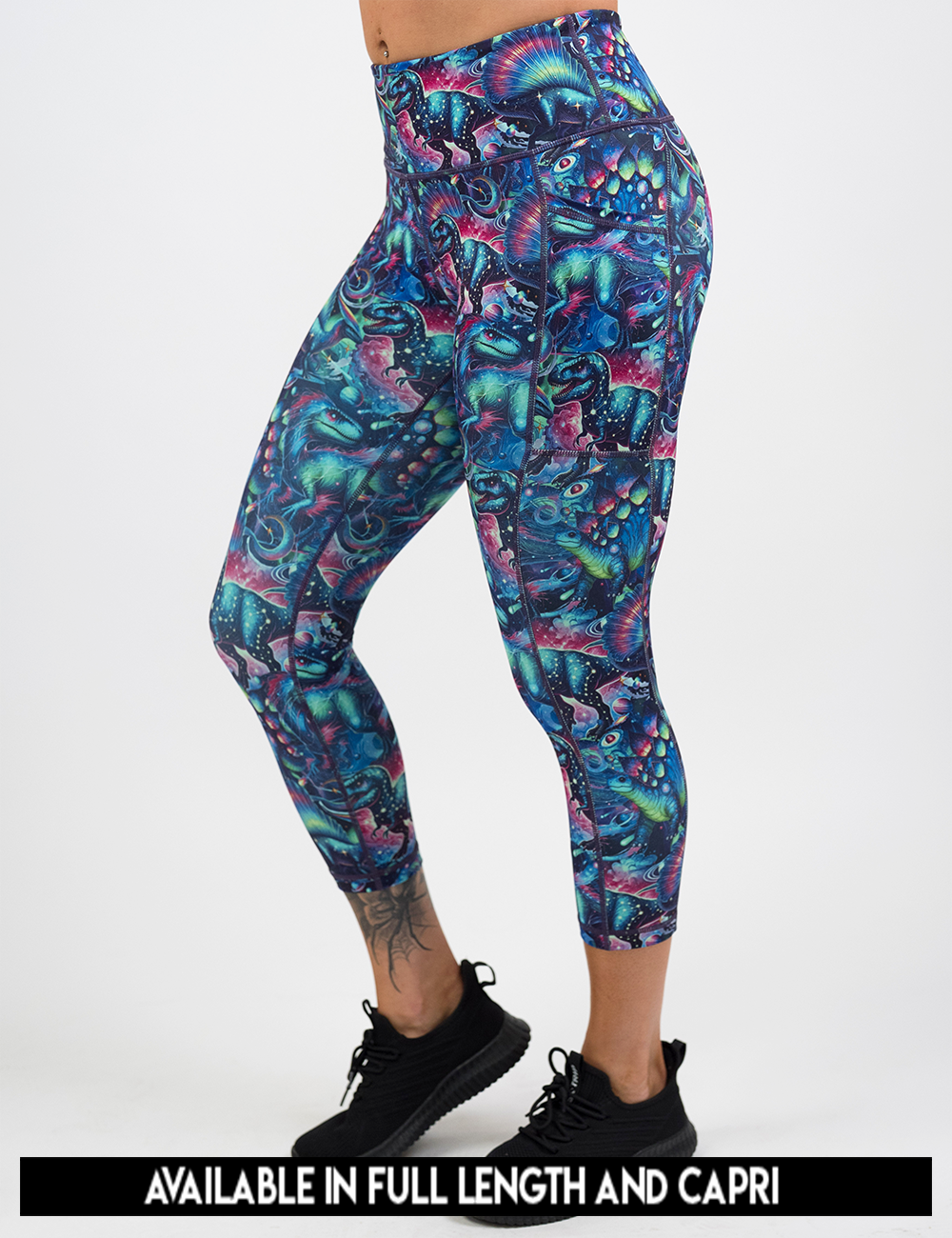 available lengths for the colorful dinosaur leggings, lengths include full length and capri