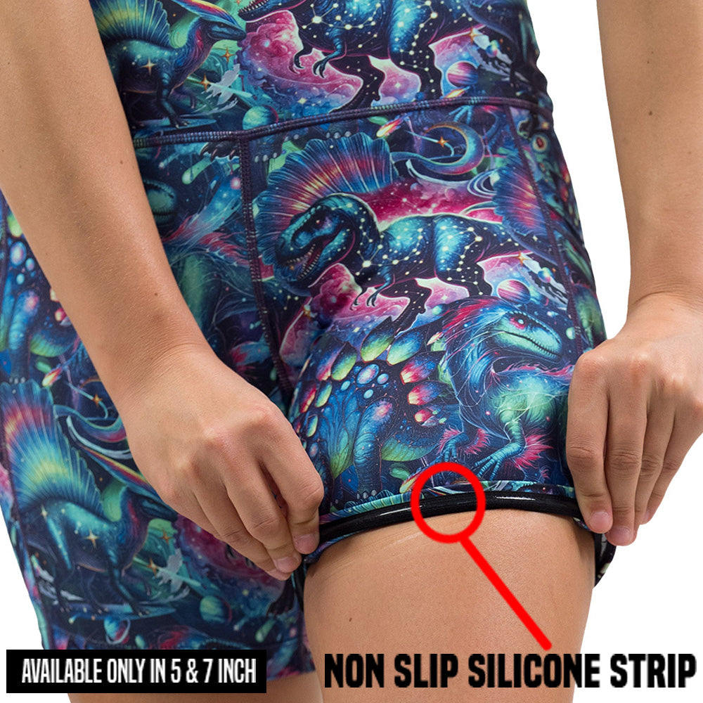 non slip strip on the shorts with colorful dinosaur design