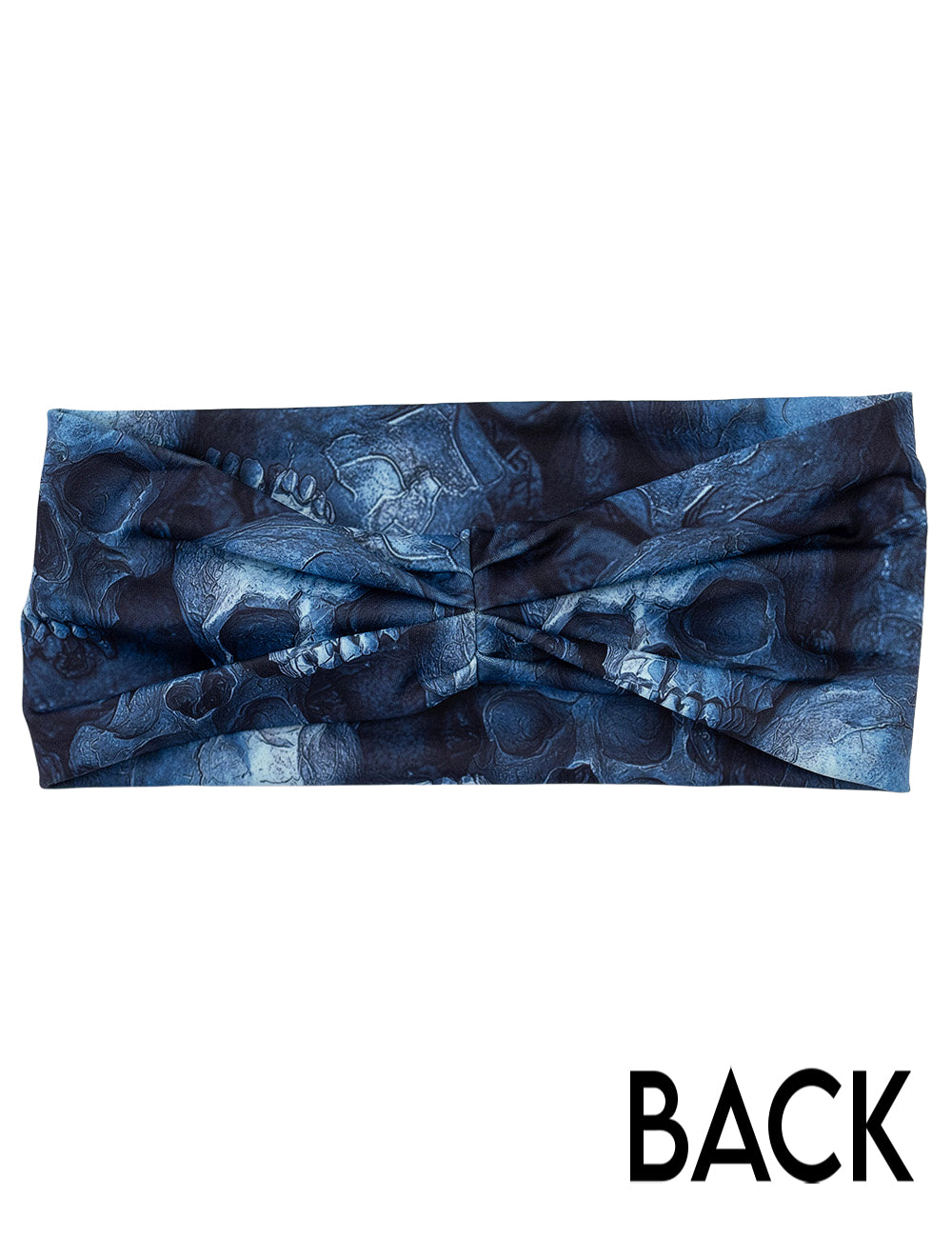 back of the cool blue skulls headband against a white background
