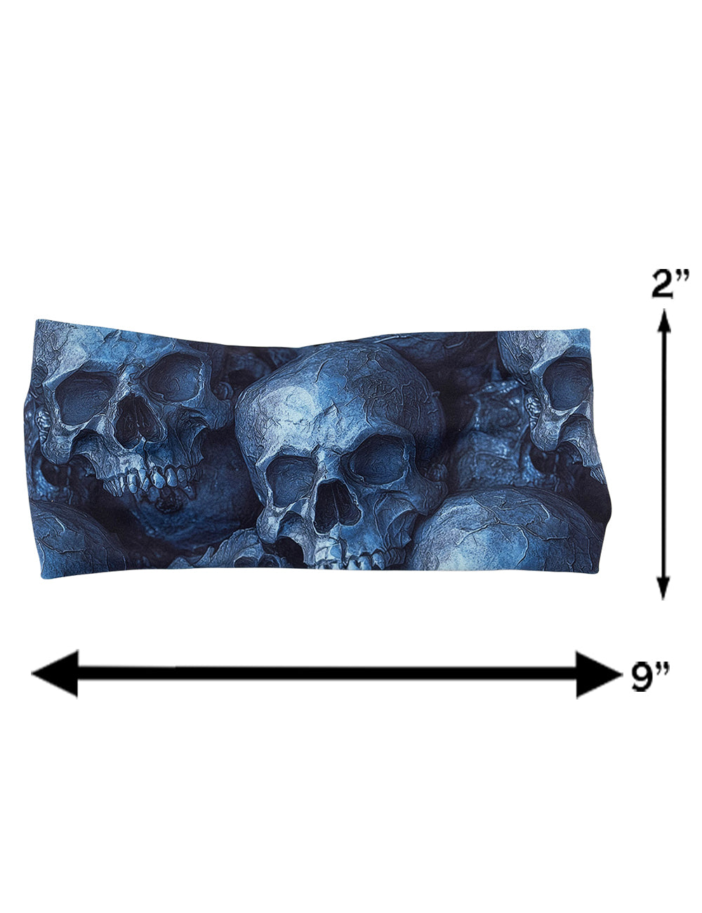 measurements for the cool blue skulls headband, measurements are 2 inches by 9 inches