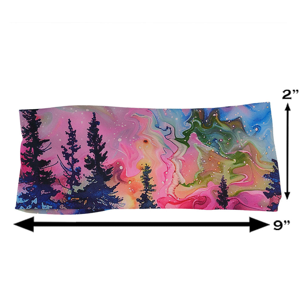 measurements for the watercolor rainbow patterned forest headband, measurements are 2 inches by 9 inches