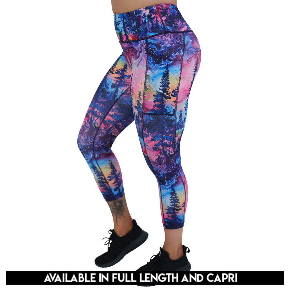 watercolor forest print leggings available in capri and full length