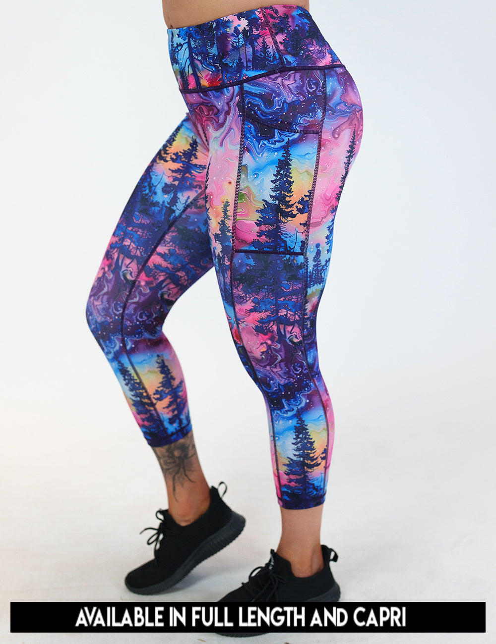available lengths for the watercolor rainbow patterned forest leggings, lengths include full length and capri
