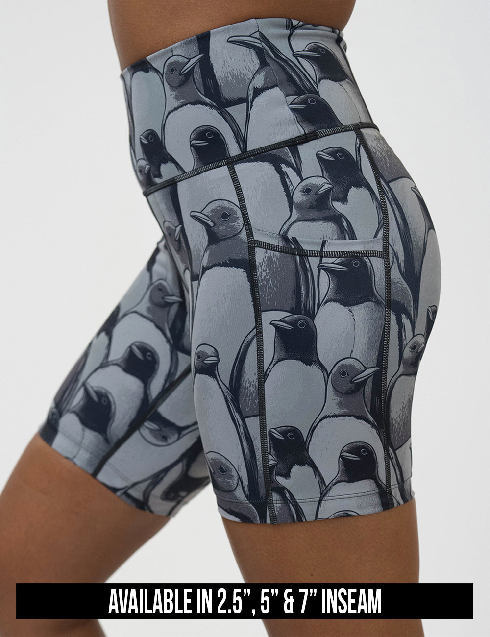 available inseam lengths for the penguin patterned shorts, lengths include 2.5, 5, and 7 inches