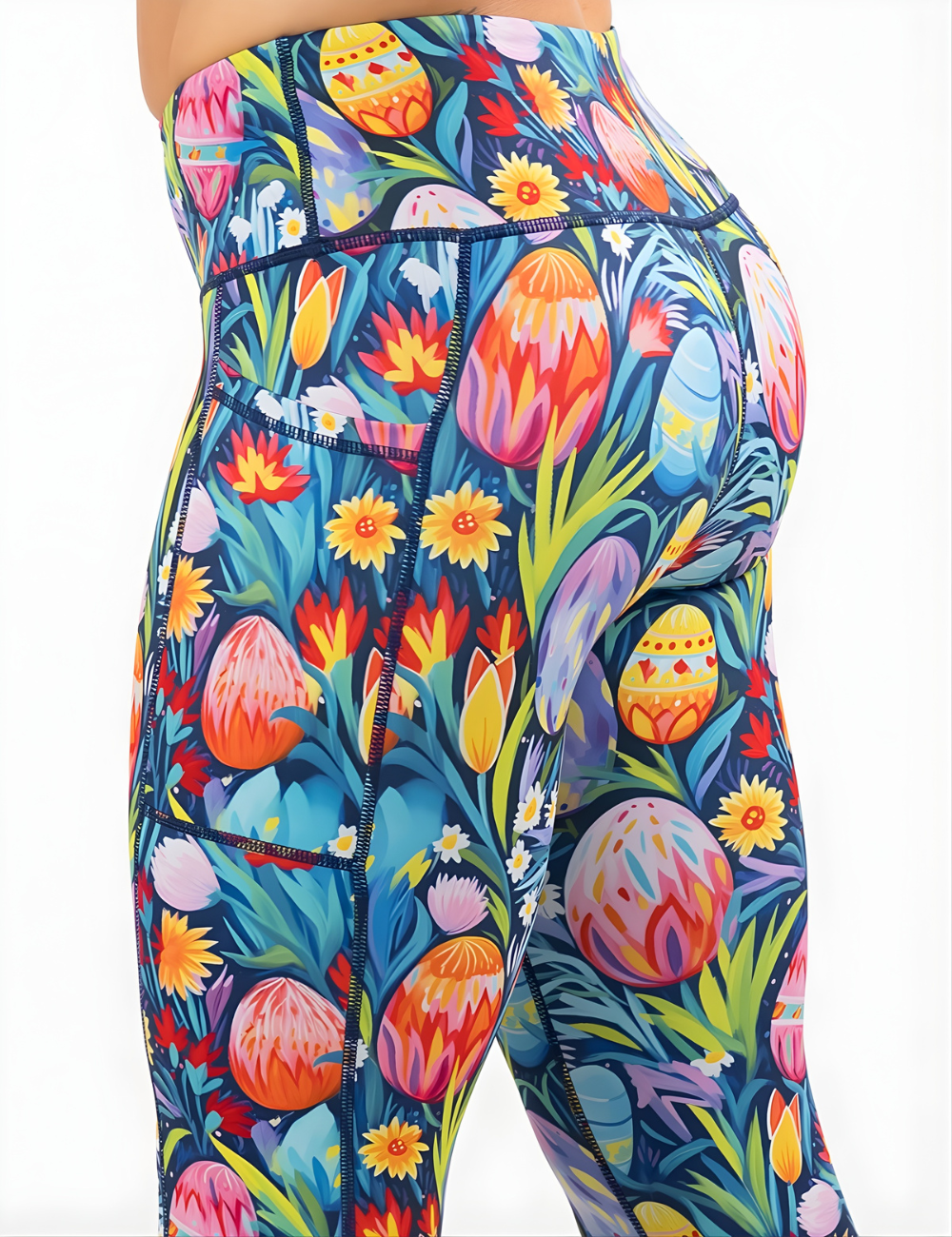 close up of the easter eggs in a field of flowers pattern leggings