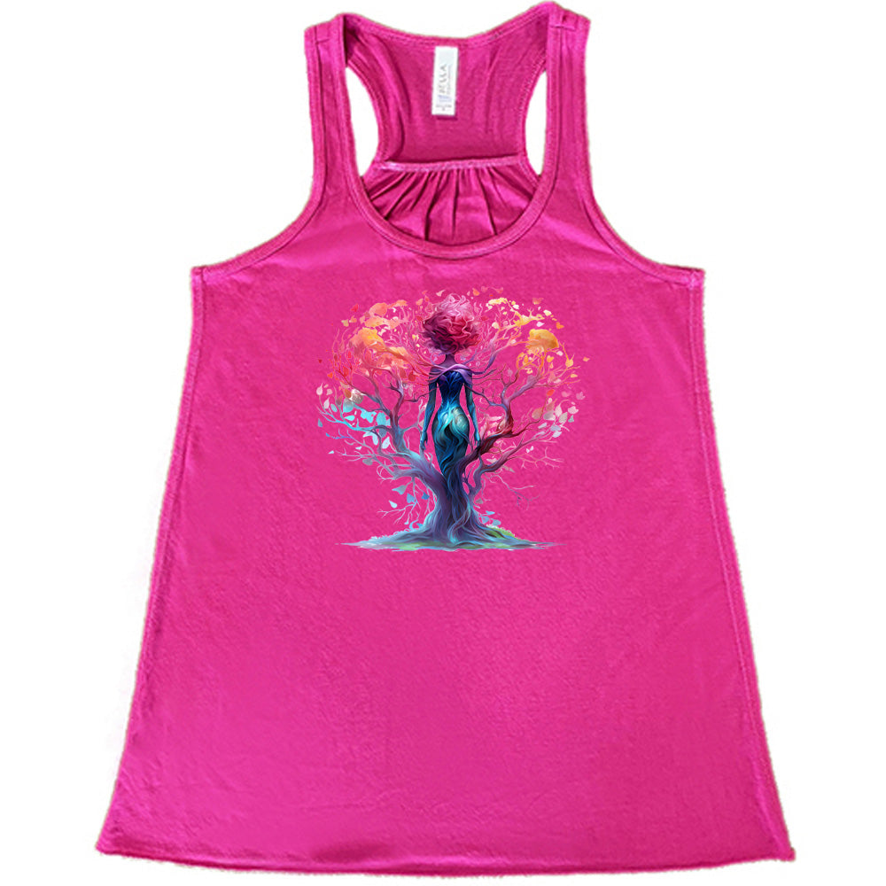 berry shirt with a colorful enchanted tree graphic in the center