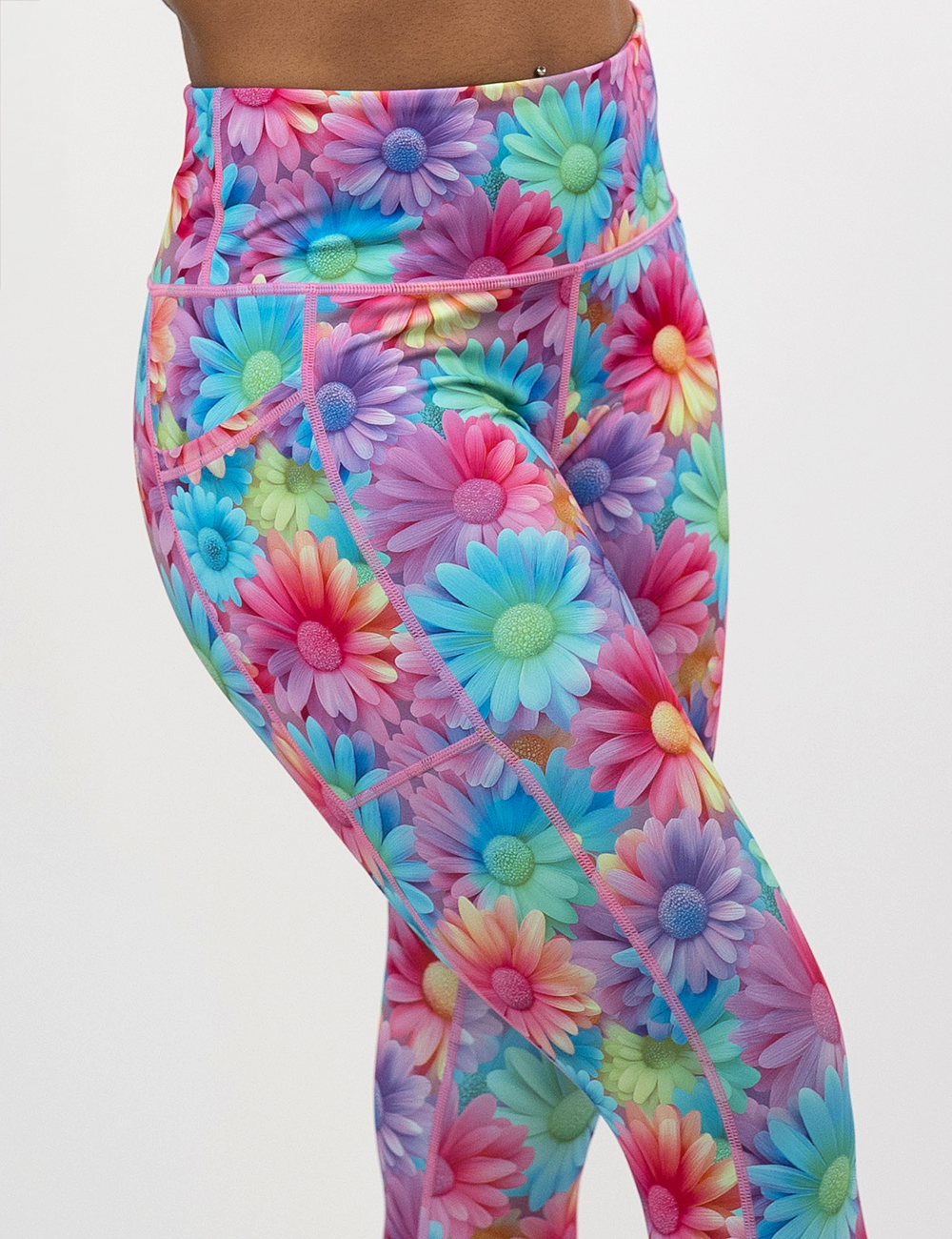 colorful flowers pattern leggings facing the front against a white background