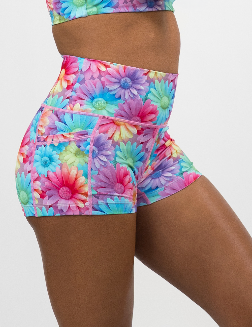 close up of the 2.5 inch pastel colored flowers shorts against a white background