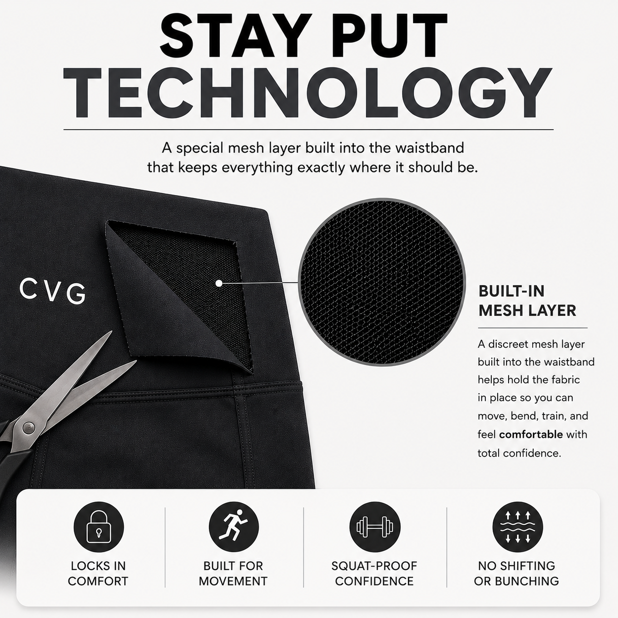 stay put technology. A special mesh layer built into the waistband that keeps everything exactly where it should be. Locks in comfort, built for movement, squat proof confidencem and no shifting or bunching. A discreet mesh layer built into the waistband helps hold the fabric in place so you can move, bend, train, and feel comfortable with total confidence.
