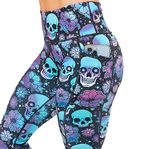 skull flower patterned legging's side pocket