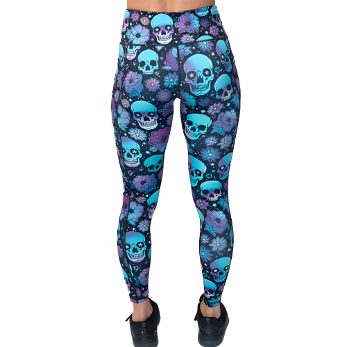 back of full length skull flower patterned leggings