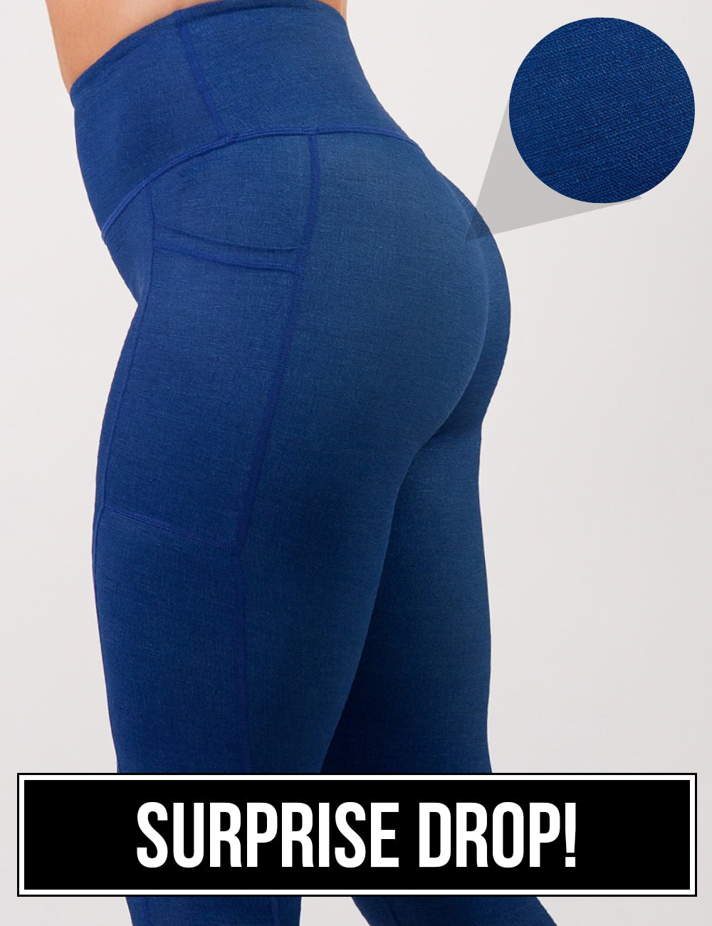side view of the blue denim inspired leggings with a cut out graphic showing a close up of the denim inspired pattern detailing, surprise drop