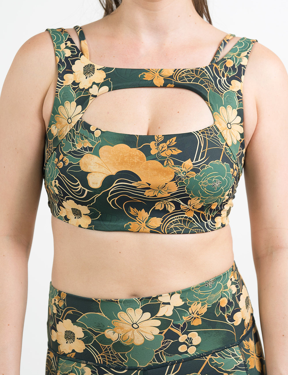 front of the gold and green flowers with gold accents vista bra