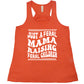 coral racerback tank with the saying "just a feral mama raising feral children" on it
