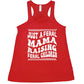 red racerback tank with the saying "just a feral mama raising feral children" on it
