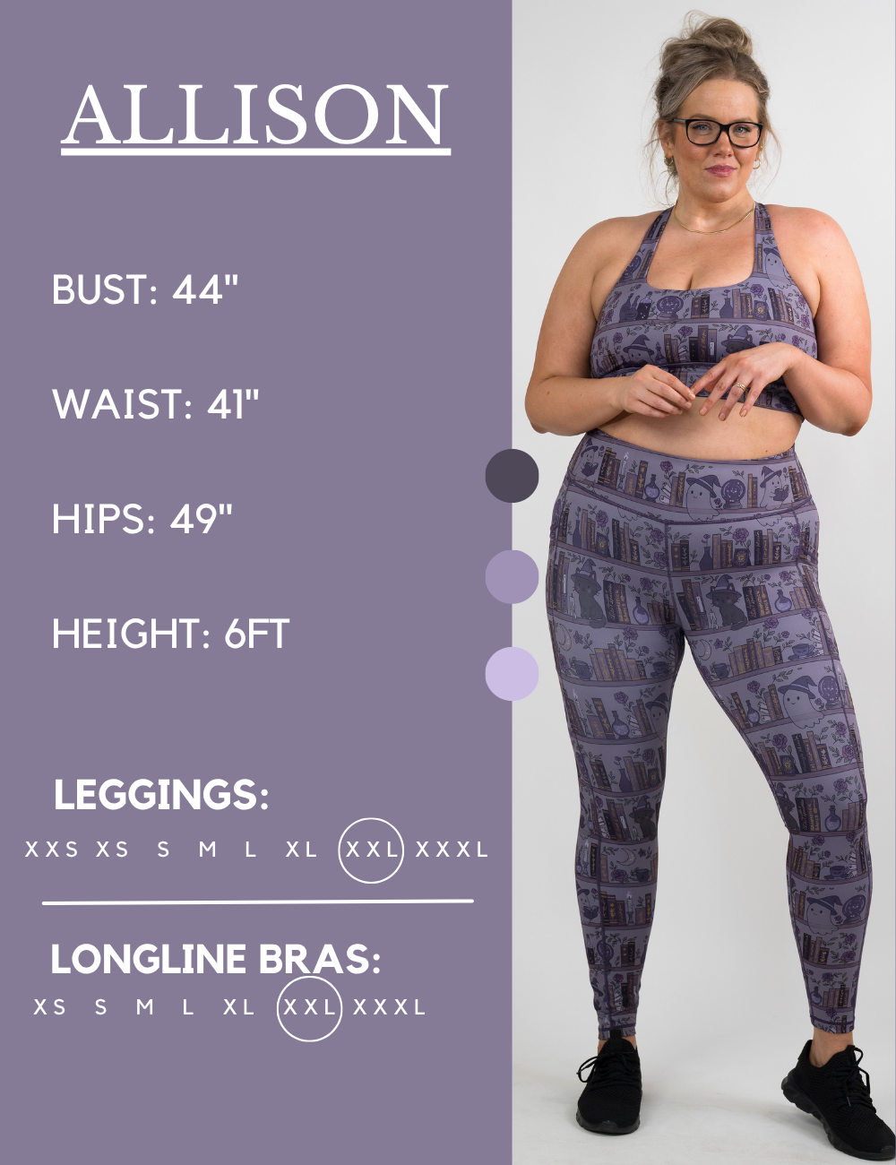 Model’s measurements of 44” bust, 41” waist, 49” hips and height of 6 feet. She is wearing a size extra extra large in our leggings