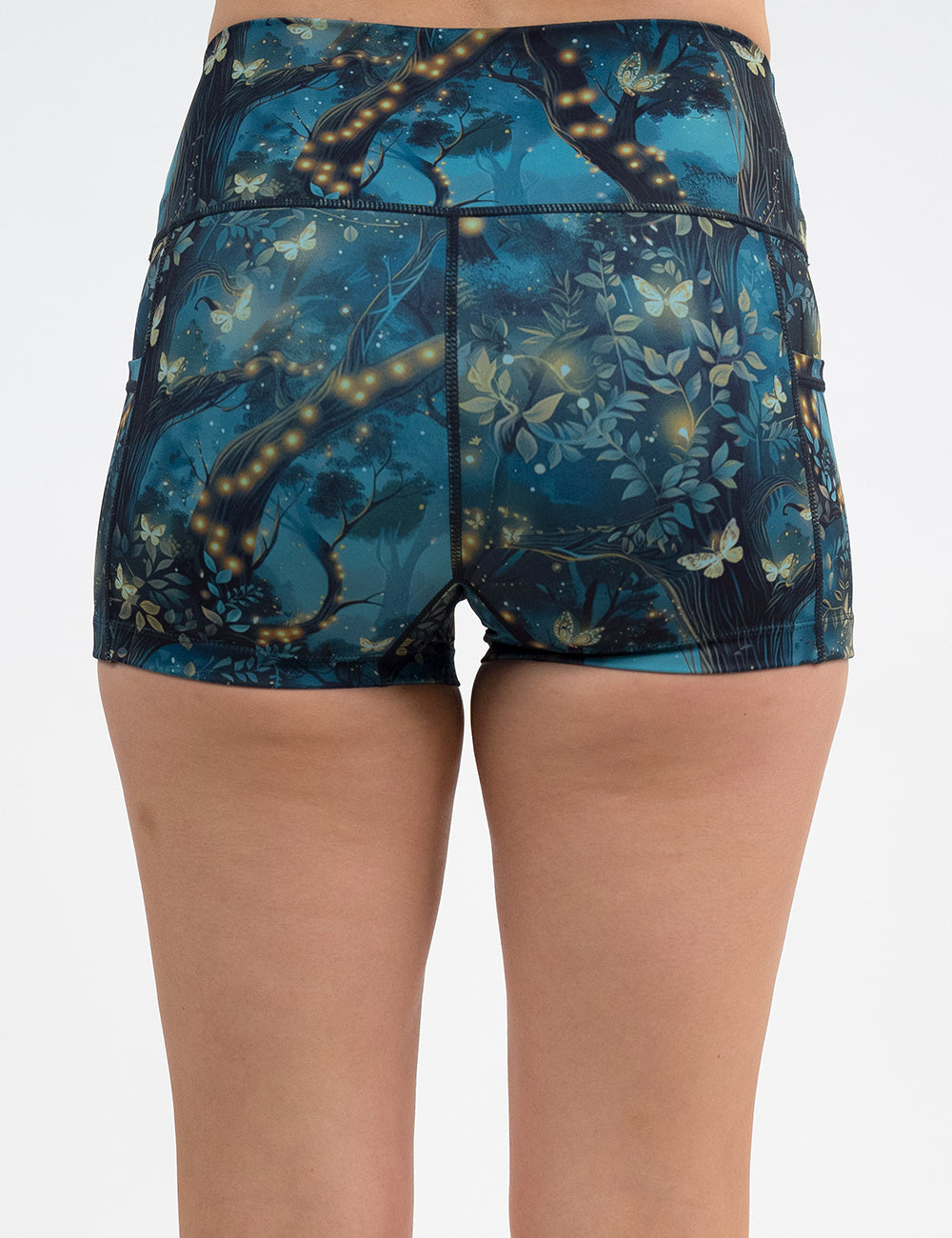 back of the 2.5 inch forest filled with firefly's pattern shorts against a white background