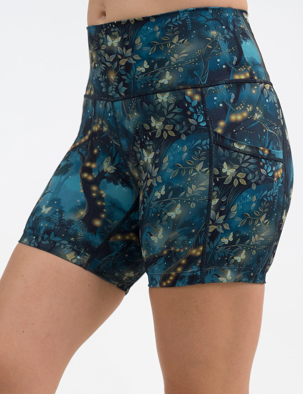 front of the forest filled with firefly's pattern 5 inch shorts against a white background