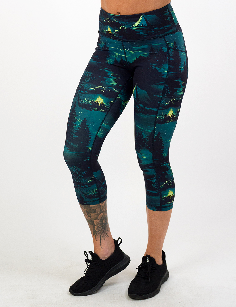 night time camp out capri leggings facing the front against a white background