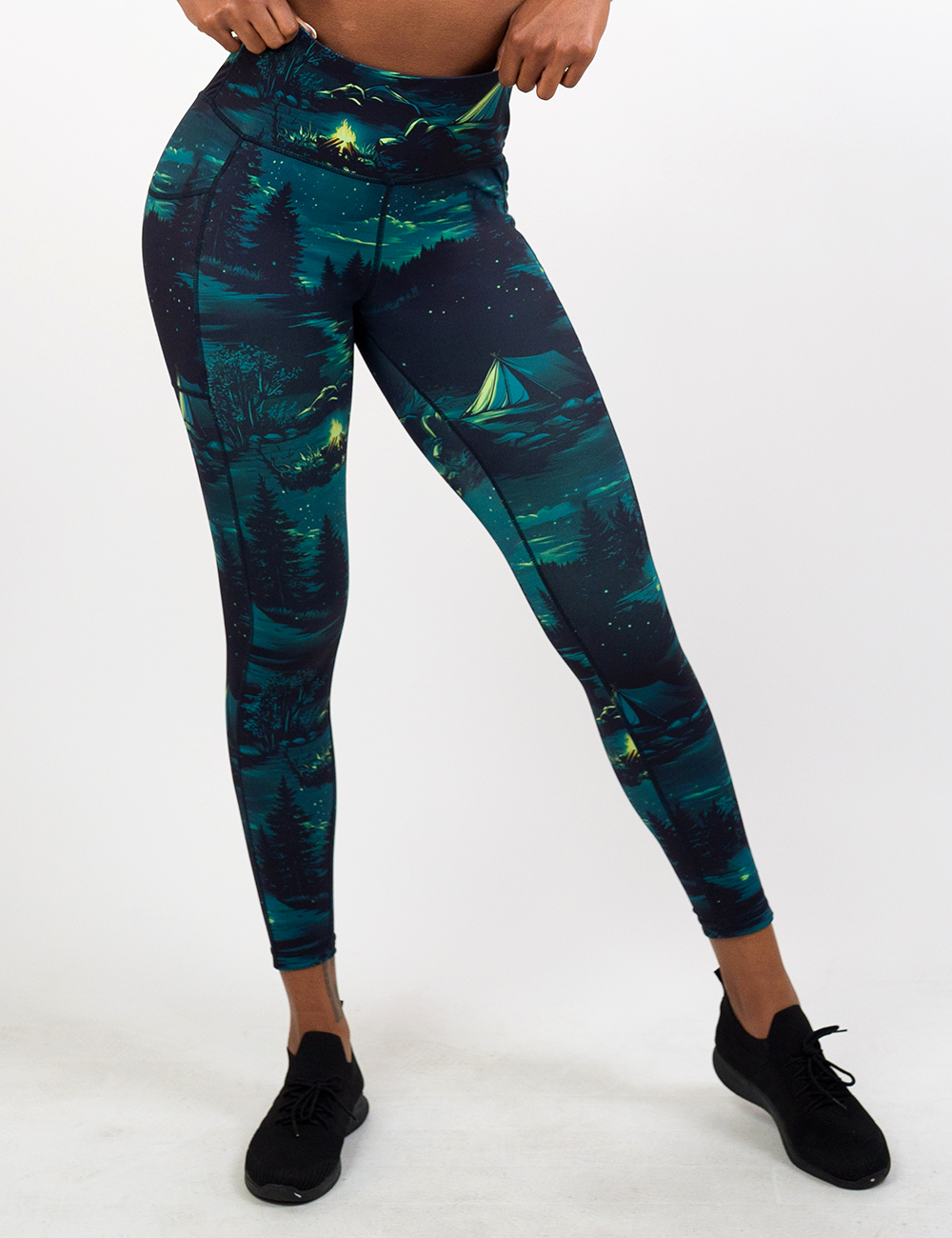 night time camp out full length leggings facing the front against a white background