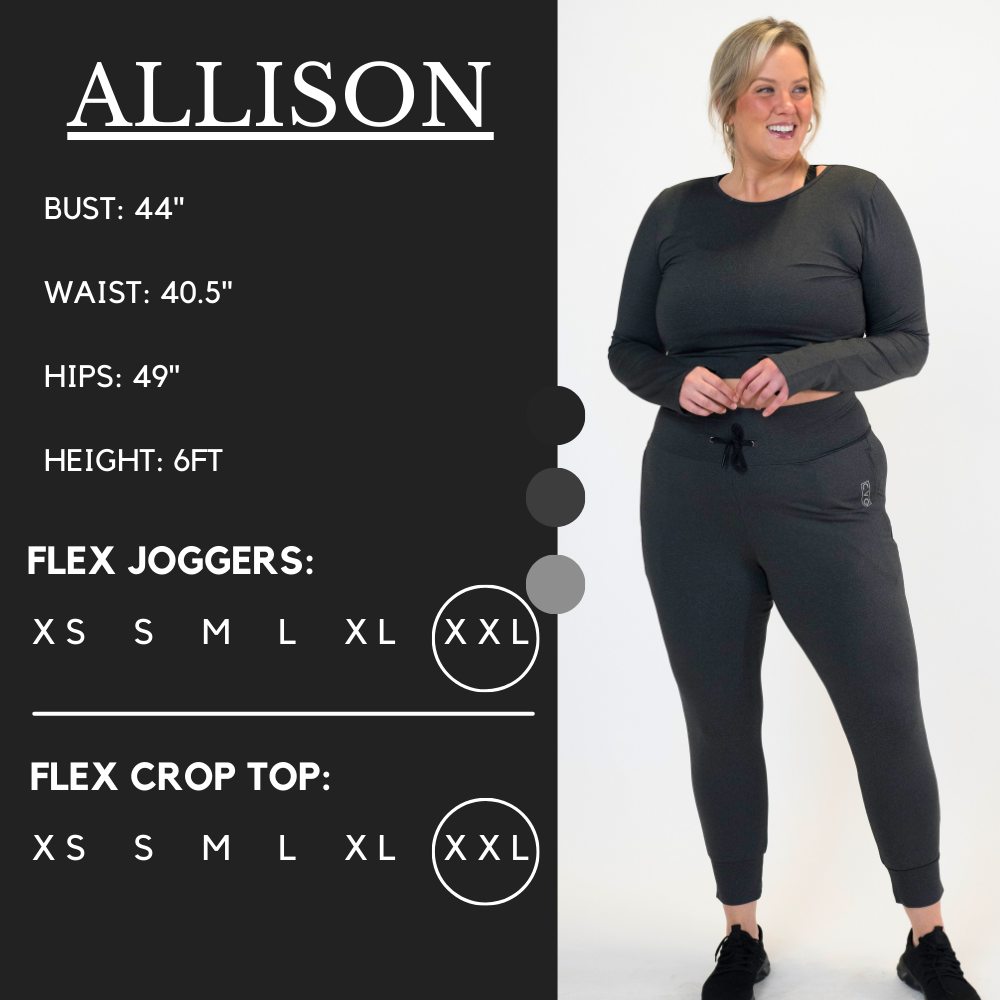 Model’s measurements of 44” bust, 40.5” waist, 49” hips and height of 6ft. She is wearing a size xxl in our flex joggers and a size xxl in our flex crop top