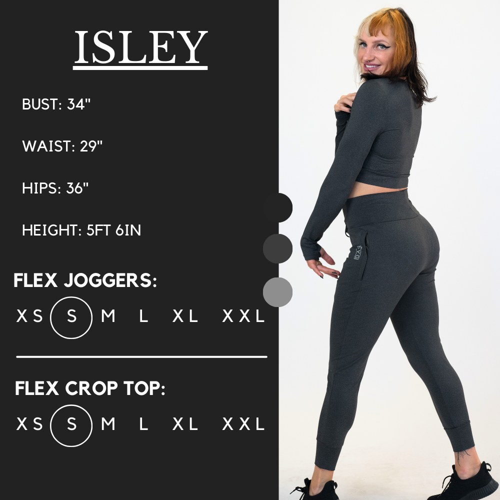 Model’s measurements of 34” bust, 29” waist, 36” hips and height of 5 ft 6 in. She is wearing a size small in our flex joggers and a size small in our flex crop top